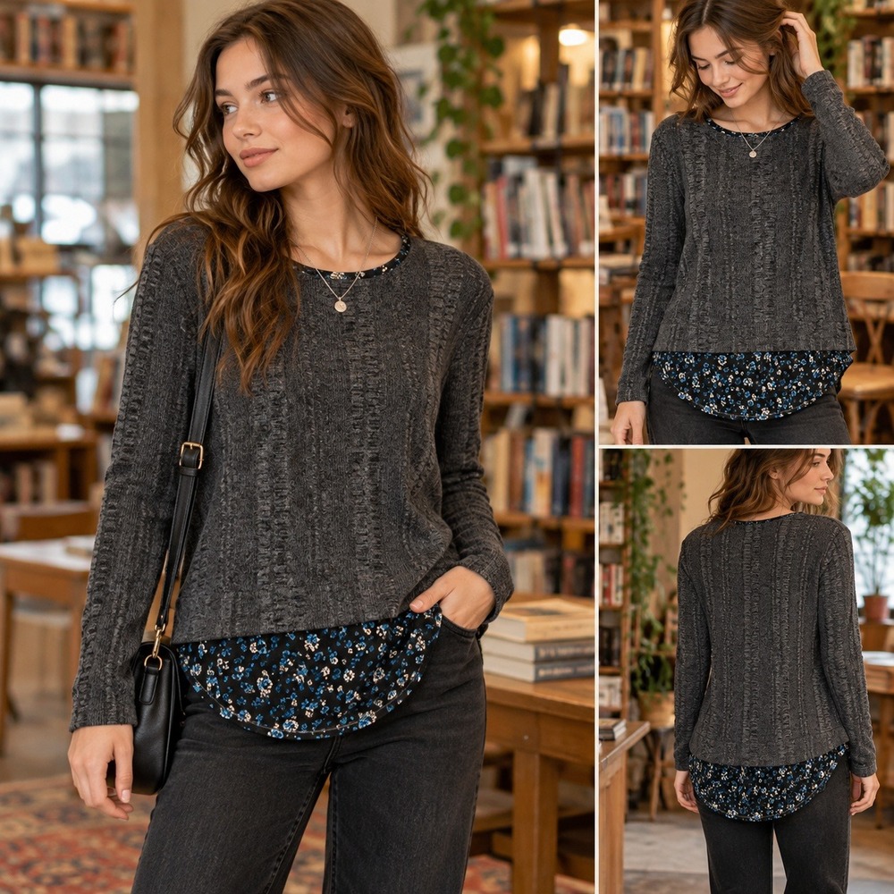 Eyeshadow Womens Medium Gray Ribbed Knit Floral Layered Hem Long Sleeve Top